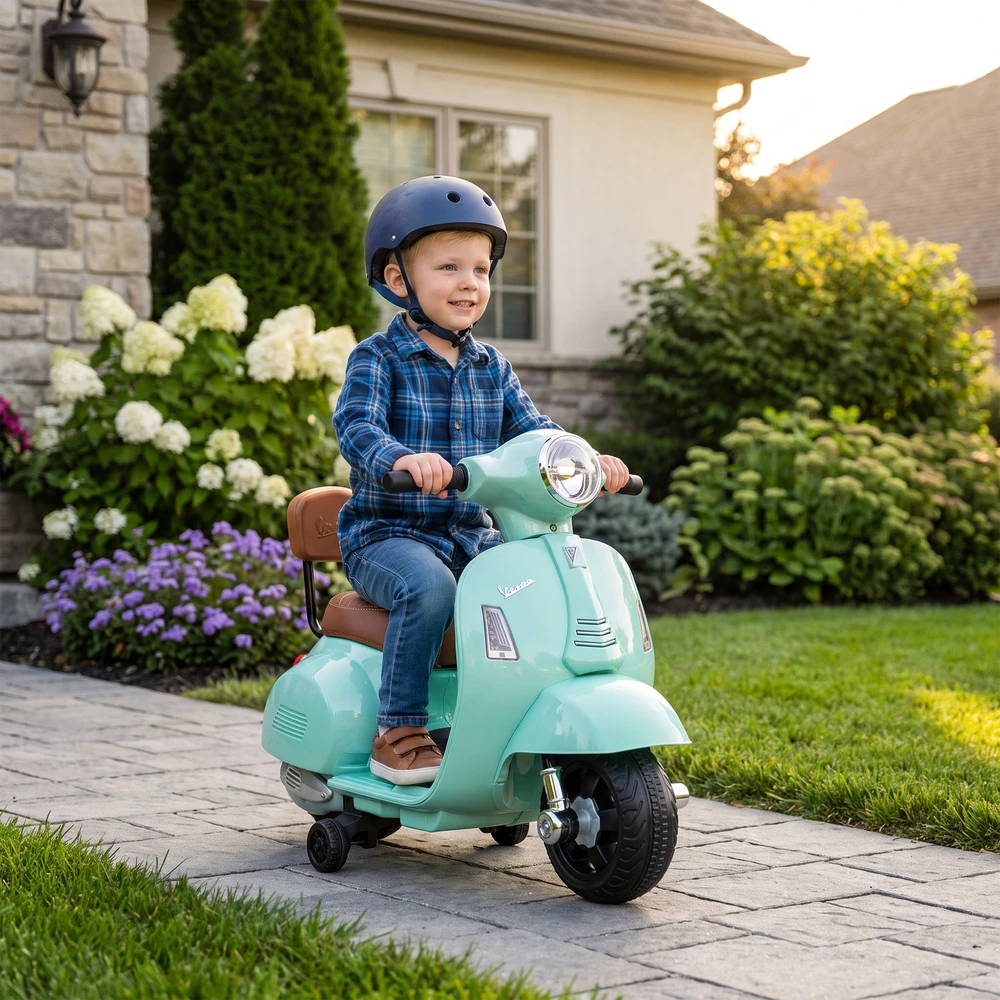 Elektrinis vaikiškas motociklas Mini Vespa GTS dizaino, su atraminiais ratukais, žalias, 66,5 × 38 × 52 cm