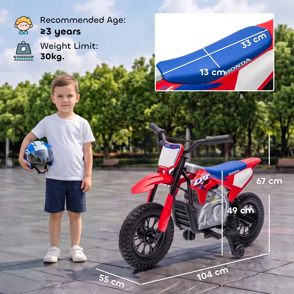 Elektrinis vaikiškas motociklas su licencijuotu HONDA CRF 450R dizainu ir 35 W varikliu, raudonas / mėlynas, 104 × 55 × 67 cm