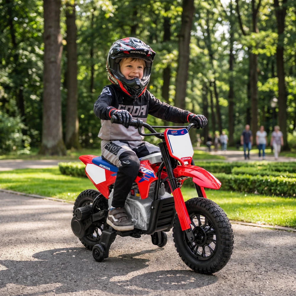 Elektrinis vaikiškas motociklas su licencijuotu HONDA CRF 450R dizainu ir 35 W varikliu, raudonas / mėlynas, 104 × 55 × 67 cm