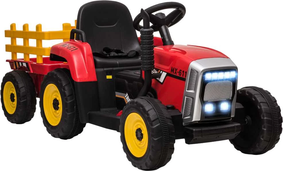 HOMCOM elektrinis traktorius vaikams su priekaba, nuotolinio valdymo pulteliu, MP3, žibintais, 3-6 km/h, raudonas