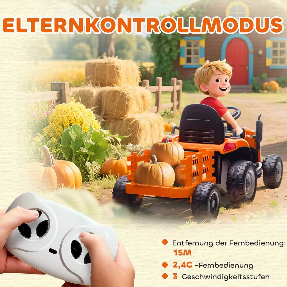 AIYAPLAY elektrinis traktorius vaikams, sėdimas traktorius su nuotolinio valdymo pulteliu, švelnus paleidimas, 3-8 metų vaikams, oranžinis