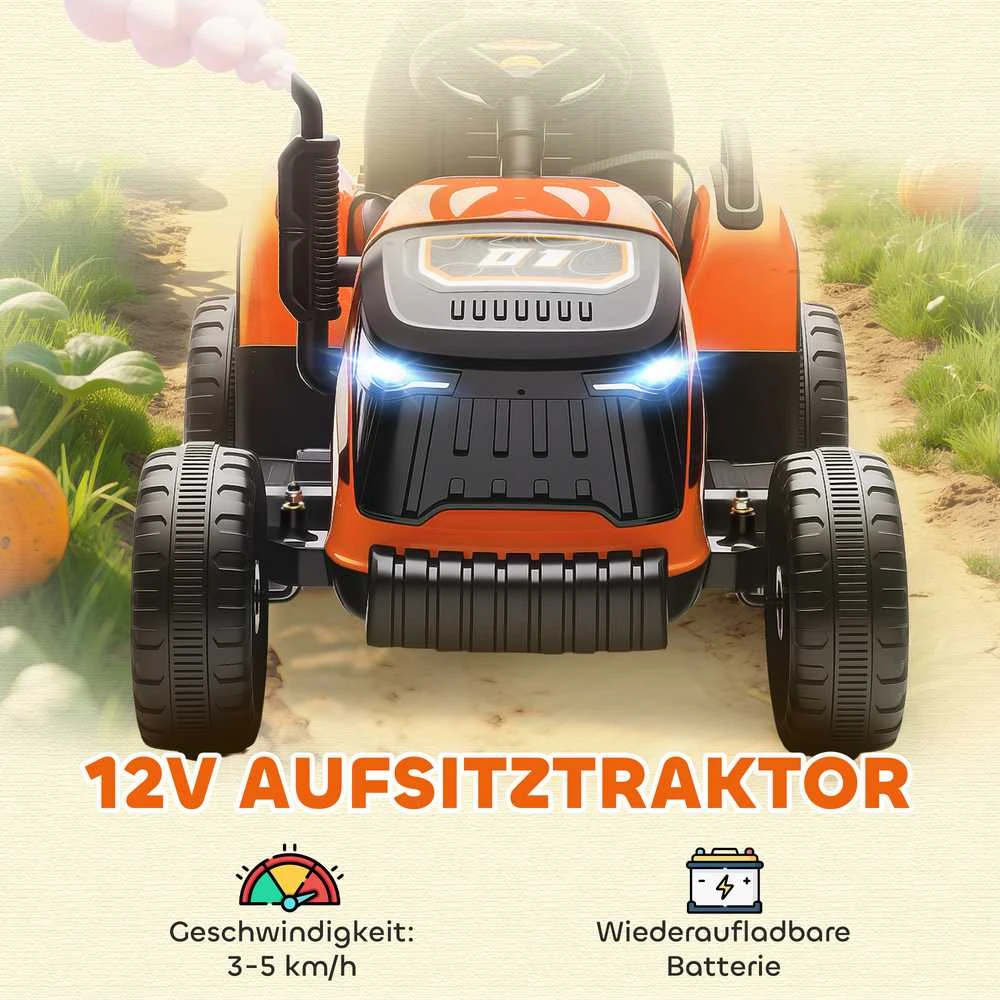 AIYAPLAY elektrinis traktorius vaikams, sėdimas traktorius su nuotolinio valdymo pulteliu, švelnus paleidimas, 3-8 metų vaikams, oranžinis