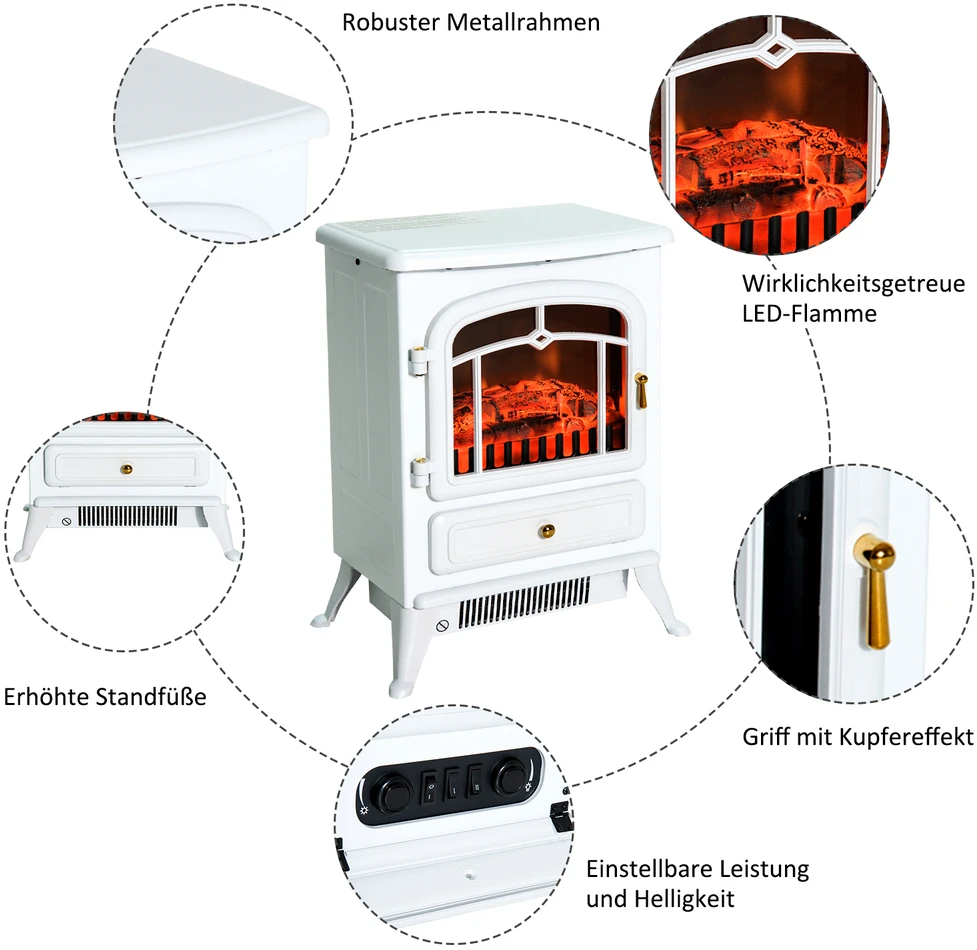HOMCOM Elektrinis židinys Liepsnos efektas 950/1850 W Apsauga nuo perkaitimo Balta 41,5 x 28 x 54,8 cm