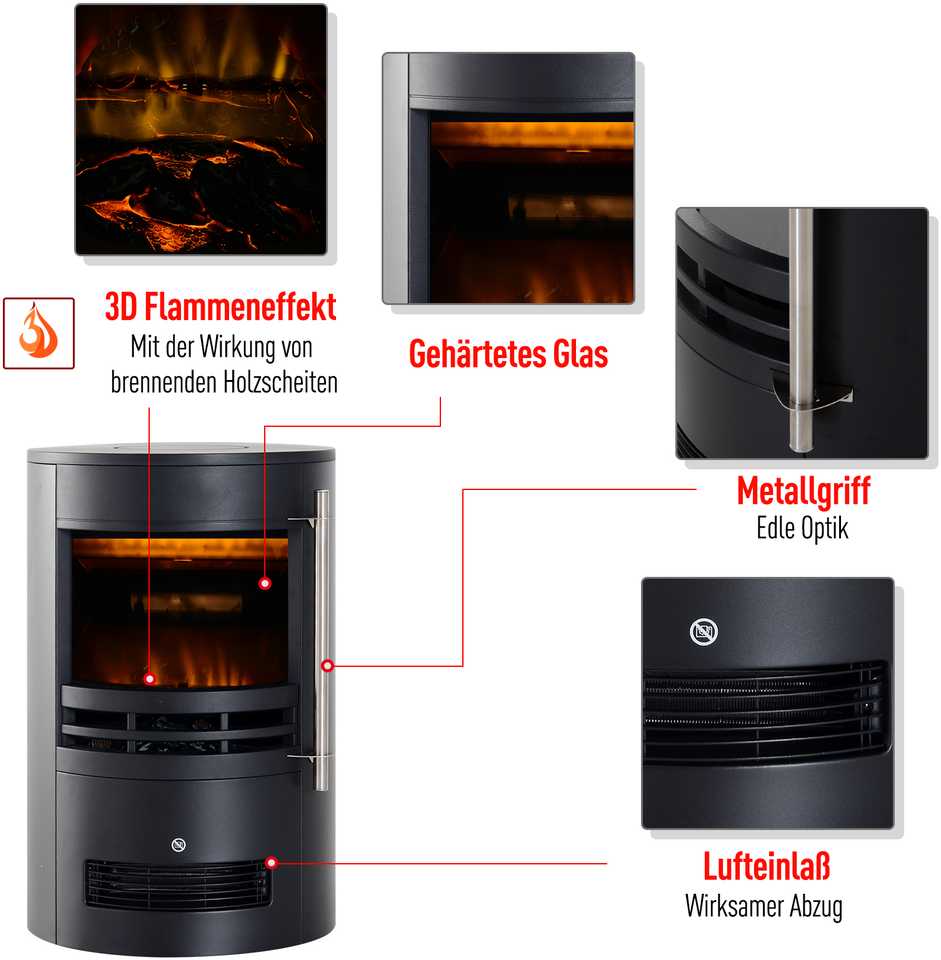HOMCOM LED elektrinis židinys su liepsnos efektu 900/2000W 41x41x64,5cm
