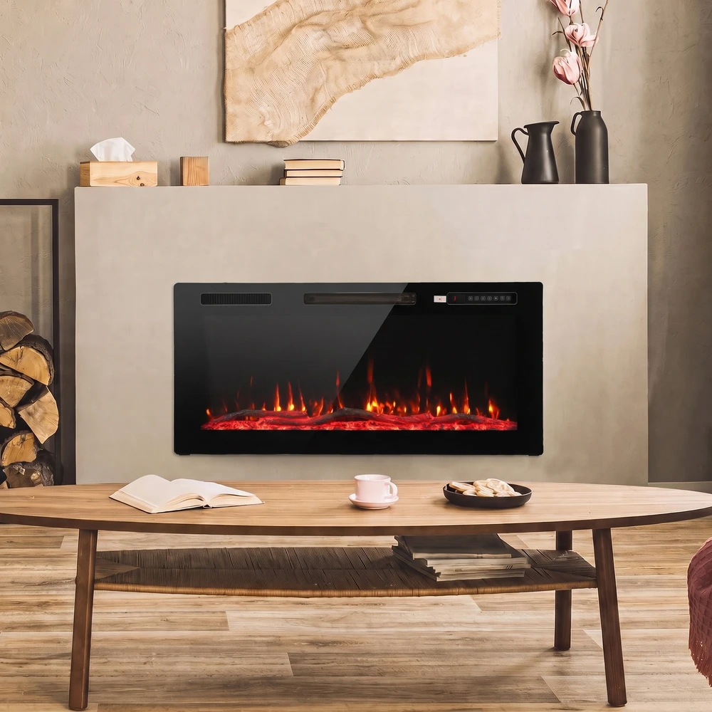 Elektrinis židinys su 3D LED liepsna ir 3 montavimo būdais, juodas, 92 × 11 × 46 cm
