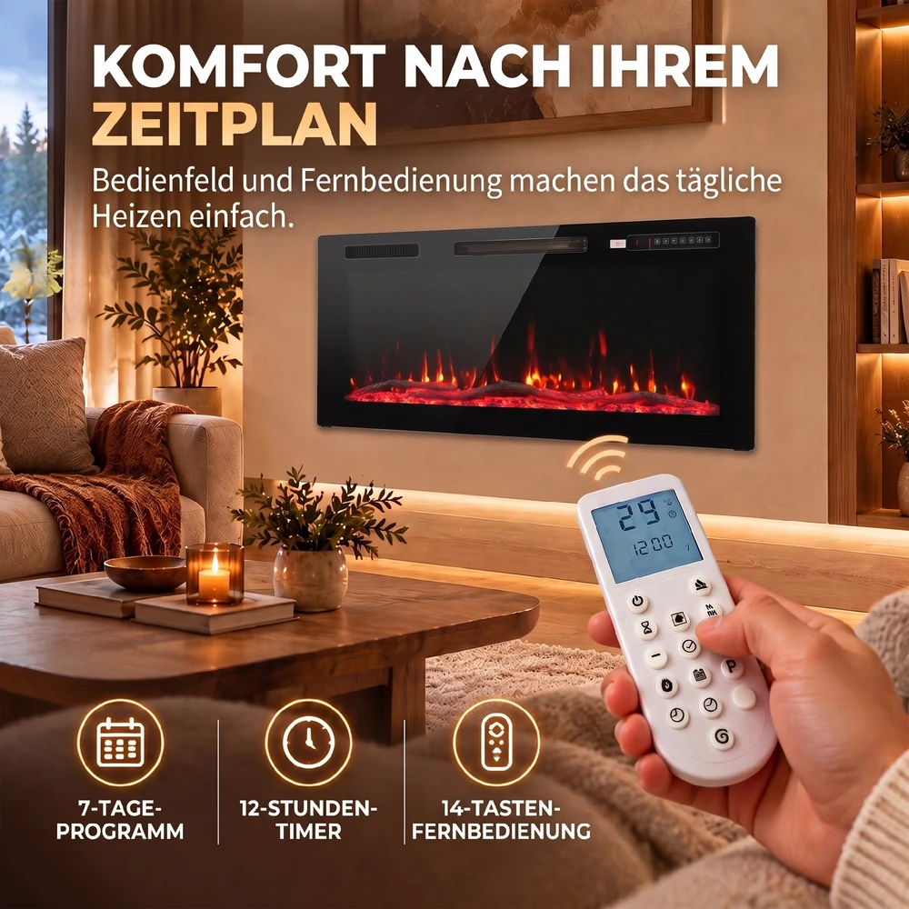 Elektrinis židinys su 3D LED liepsna ir 3 montavimo būdais, juodas, 92 × 11 × 46 cm