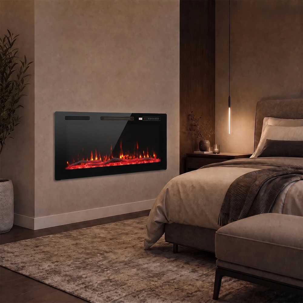 Elektrinis židinys su 3D LED liepsna ir 3 montavimo būdais, juodas, 92 × 11 × 46 cm