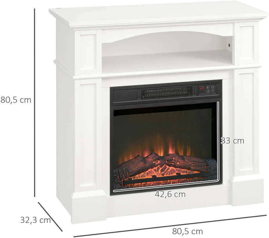 HOMCOM Elektrinis židinys su šildymu, 3D LED liepsnos efektas, lentyna, 1800 W Elektrinis židinys su nuotolinio valdymo pulteliu, laikmačiu, apsauga nuo perkaitimo, skirtas svetainei, miegamajam, baltas