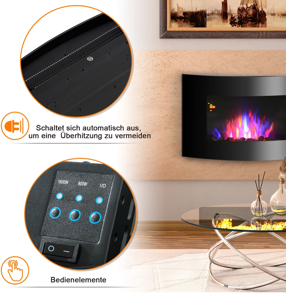 HOMCOM elektrinis židinys židinio krosnelė elektrinis 2 galios lygiai reguliuojamas 900/1800 W LED 65 x 11,4 x 52 cm nerūdijantis plienas juodas