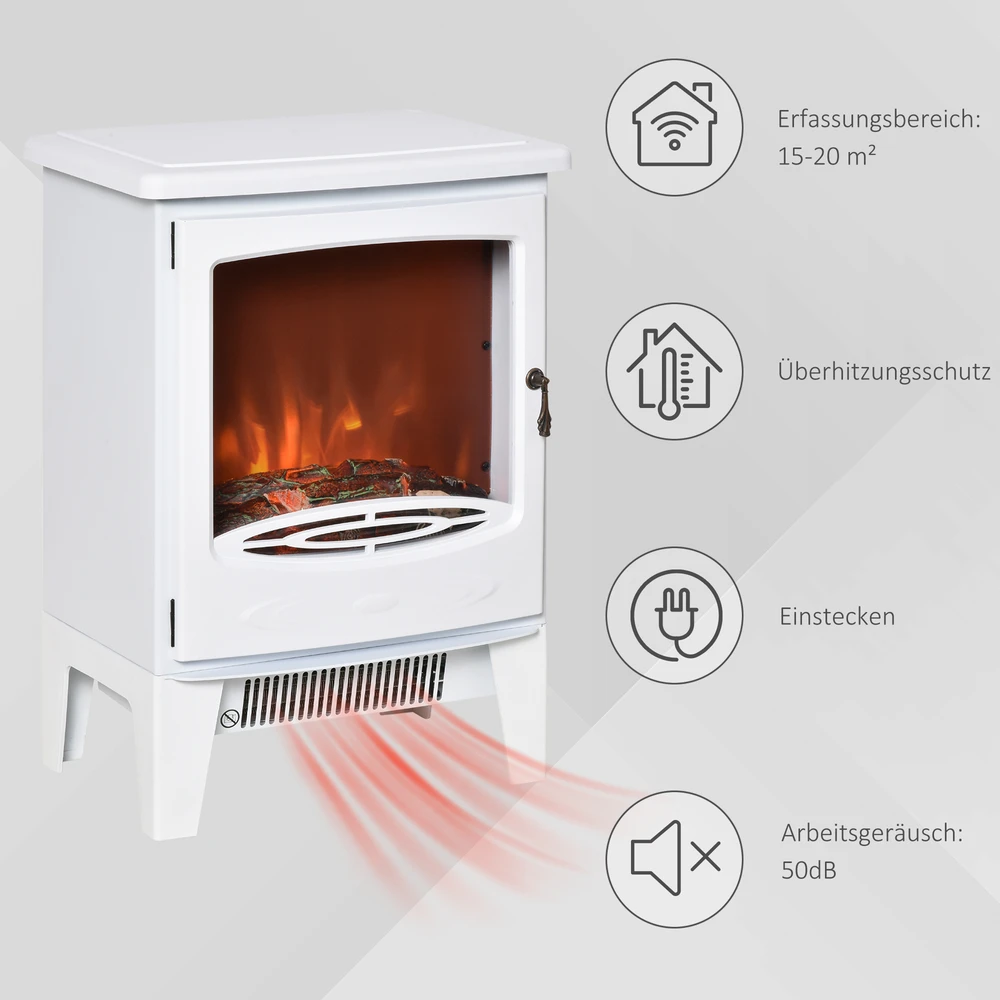 HOMCOM LED elektrinis židinys Stovintis židinys Krosnelė su liepsnos efektu 900/1800 W Metalas ABS plastikas Stiklas Balta 39 x 26 x 54,8 cm