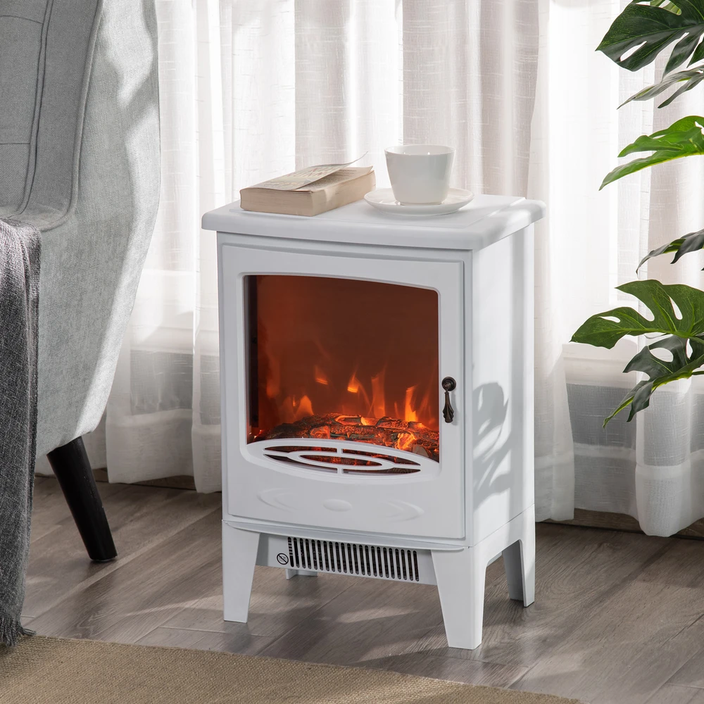 HOMCOM LED elektrinis židinys Stovintis židinys Krosnelė su liepsnos efektu 900/1800 W Metalas ABS plastikas Stiklas Balta 39 x 26 x 54,8 cm