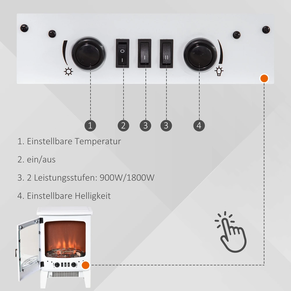 HOMCOM LED elektrinis židinys Stovintis židinys Krosnelė su liepsnos efektu 900/1800 W Metalas ABS plastikas Stiklas Balta 39 x 26 x 54,8 cm