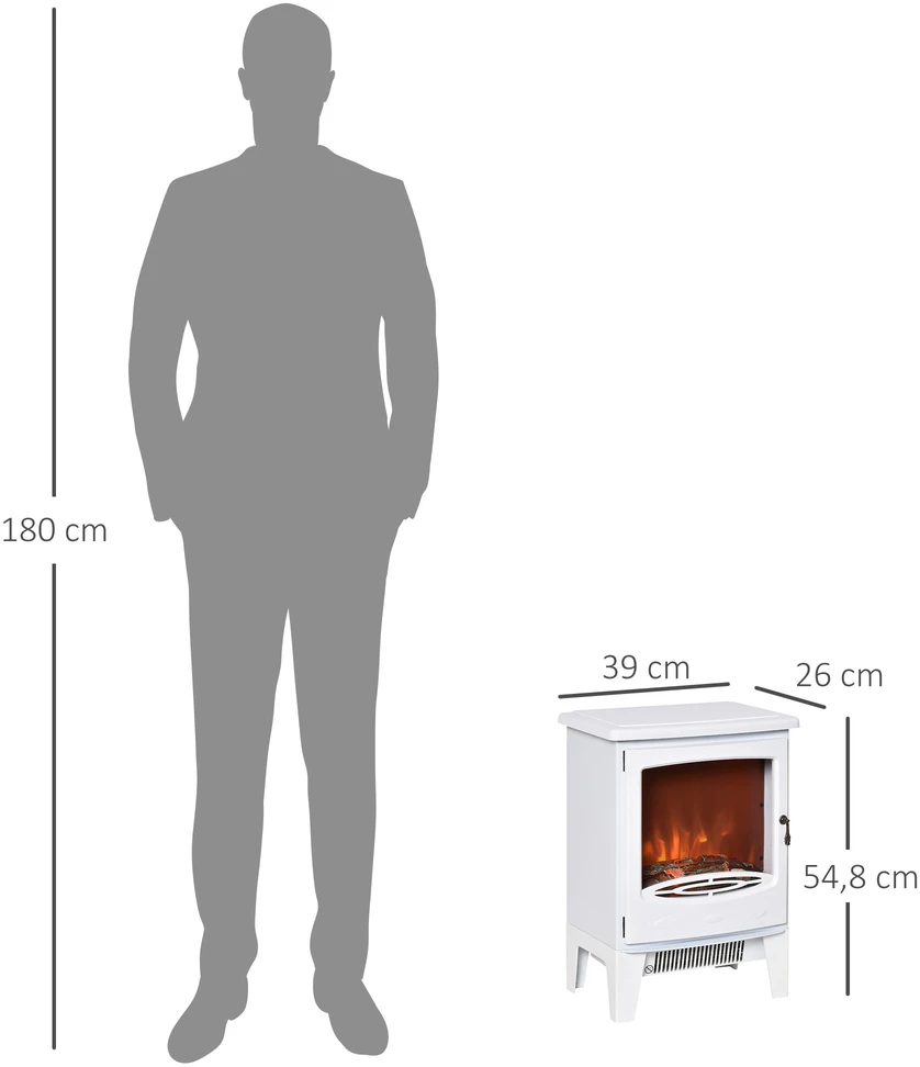HOMCOM LED elektrinis židinys Stovintis židinys Krosnelė su liepsnos efektu 900/1800 W Metalas ABS plastikas Stiklas Balta 39 x 26 x 54,8 cm