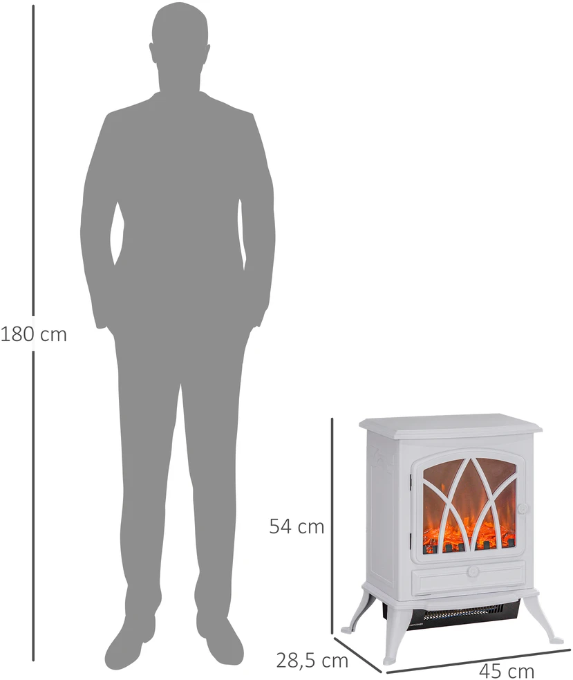 Elektrinis židinys su LED liepsnos efektu, 1000/2000 W, baltas, 45 × 28,5 × 54 cm