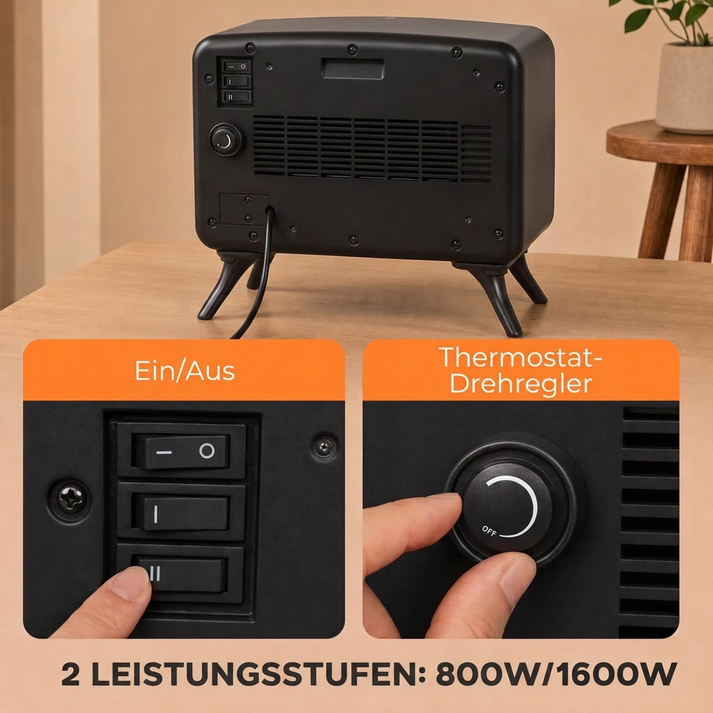 Elektrinis židinys su nuimamu pagrindu, 800/1600 W, juodas, 35,5 × 18 × 30 cm
