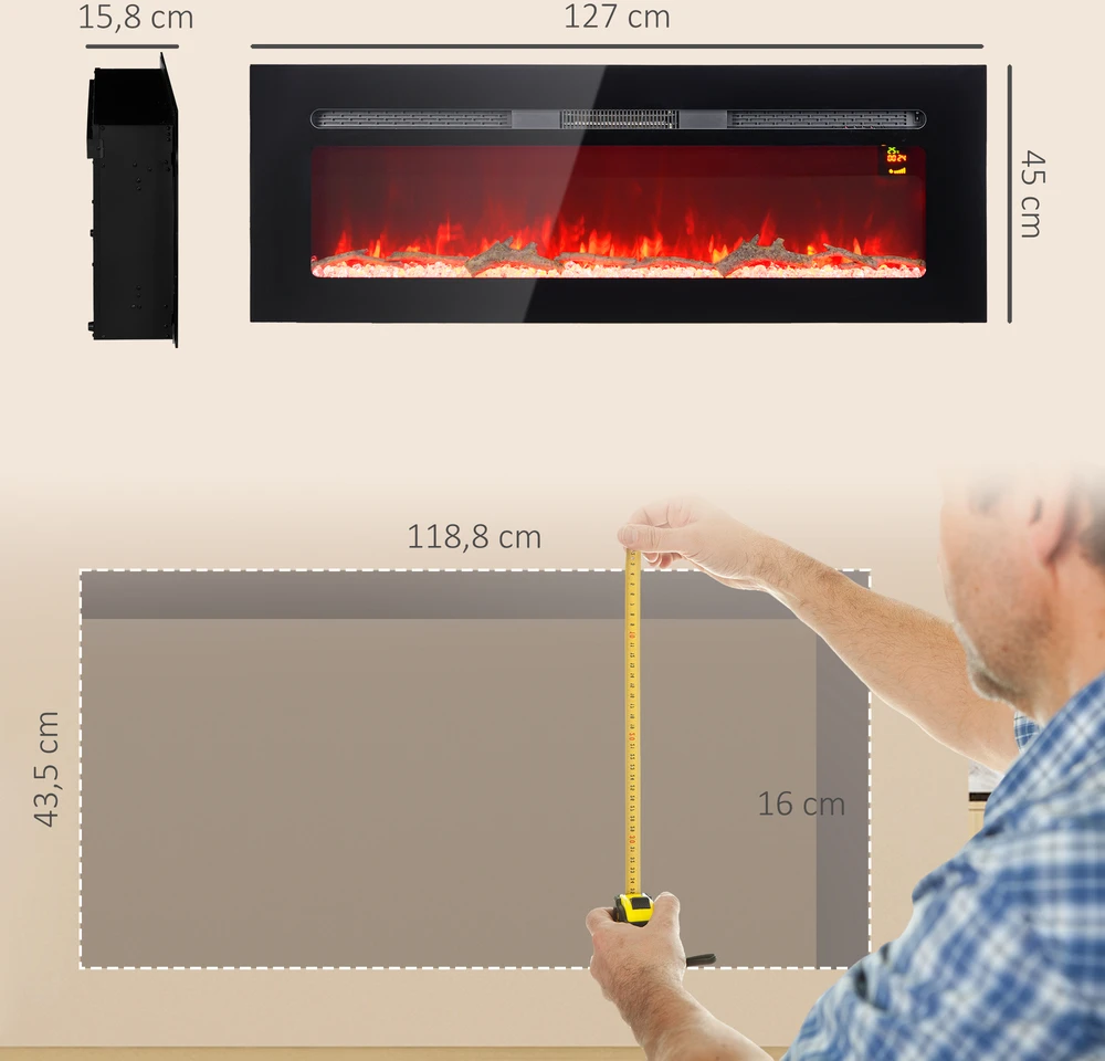 HOMCOM Elektrinis židinys su sieniniu laikikliu ir nuotolinio valdymo pulteliu, su dirbtinėmis malkomis ir kristalais, 1800W galia, juodas HOMCOM