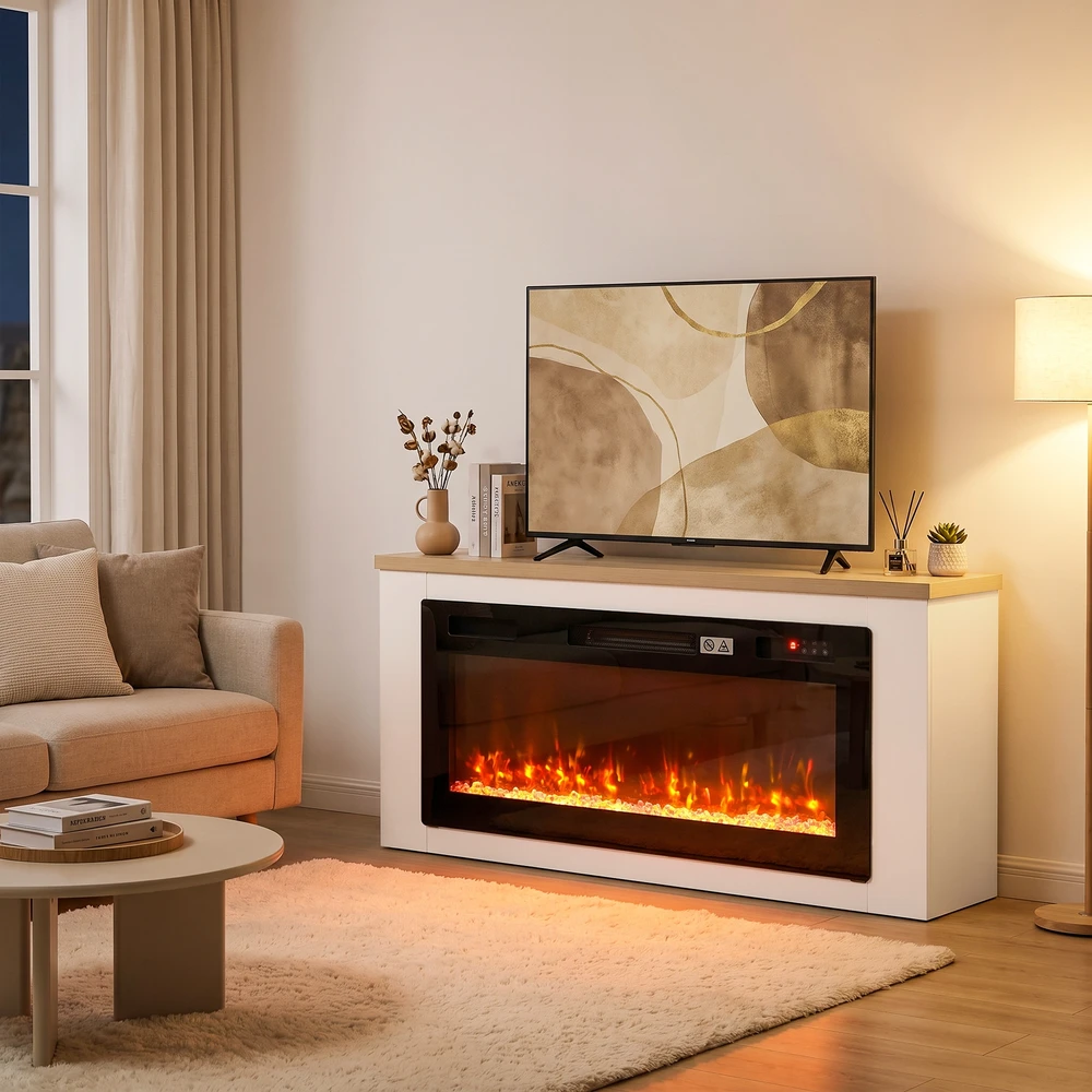 Elektrinis židinys su TV spintele, baltas, 114 × 30 × 60 cm