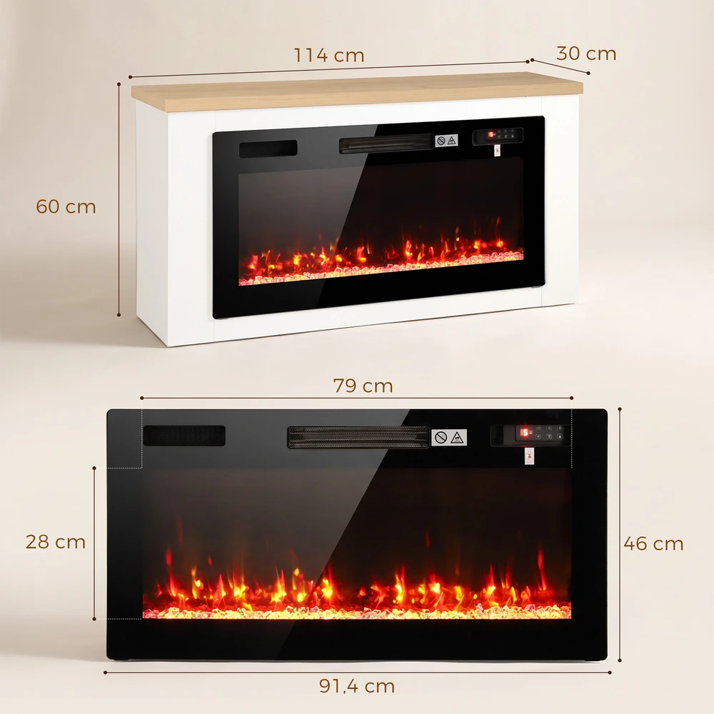 Elektrinis židinys su TV spintele, baltas, 114 × 30 × 60 cm