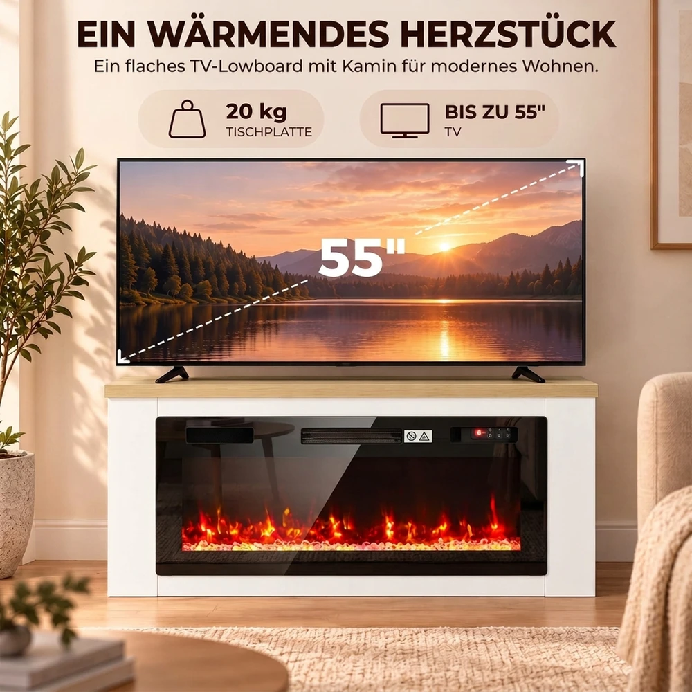 Elektrinis židinys su TV spintele, baltas, 114 × 30 × 60 cm