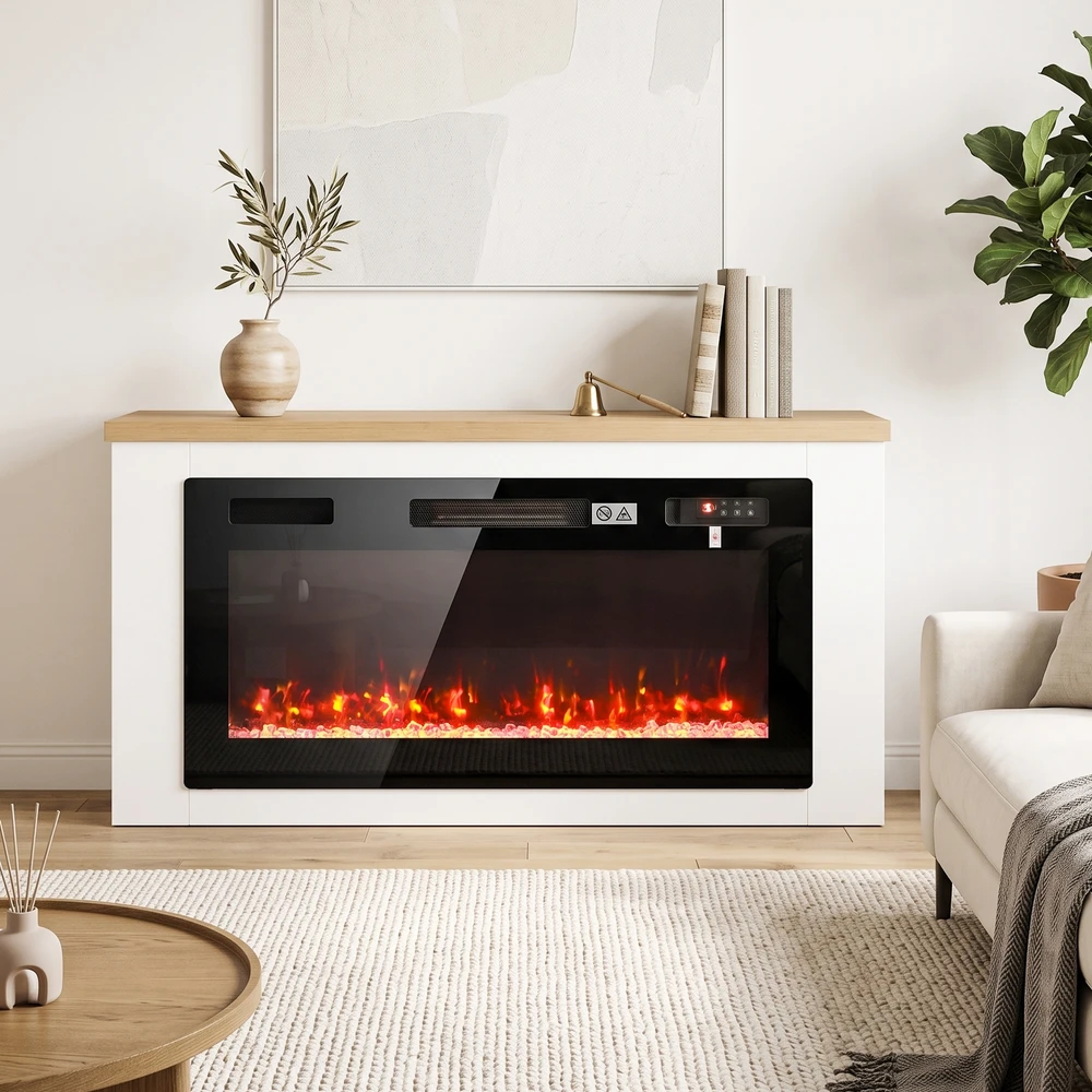 Elektrinis židinys su TV spintele, baltas, 114 × 30 × 60 cm