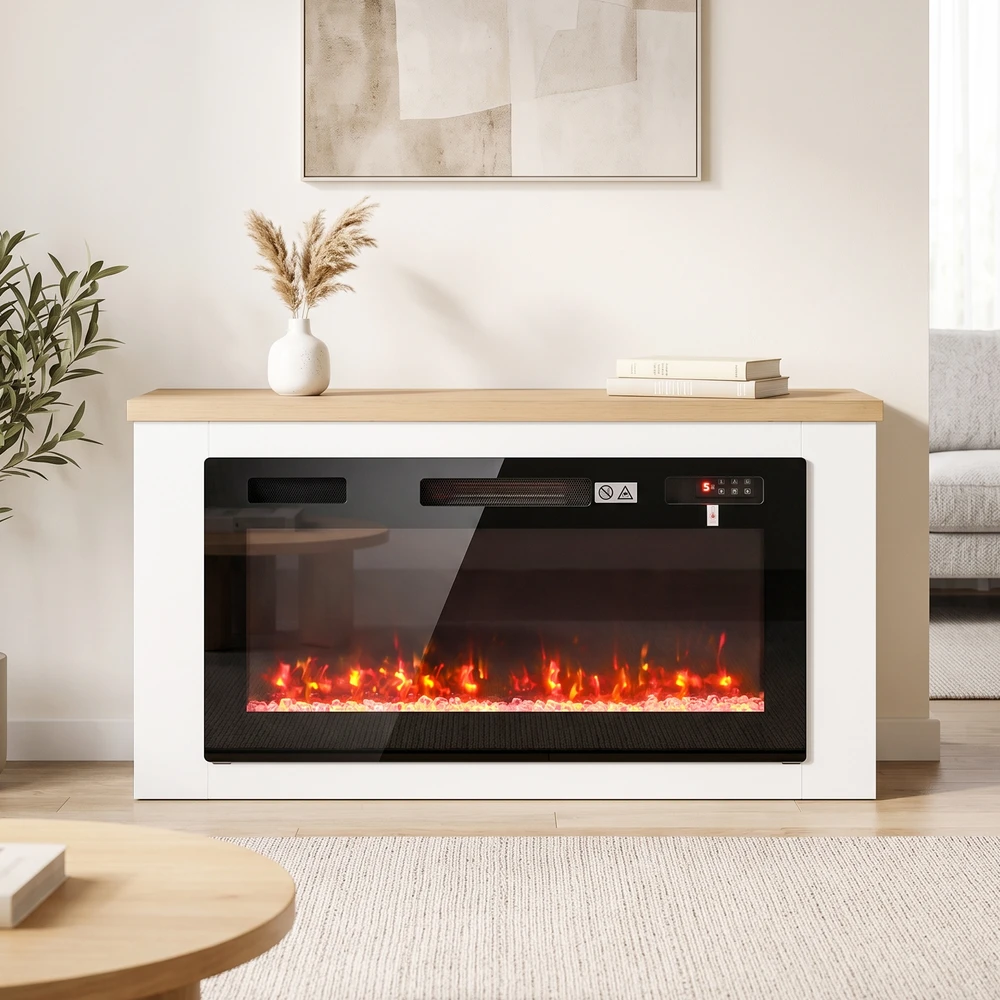Elektrinis židinys su TV spintele, baltas, 114 × 30 × 60 cm