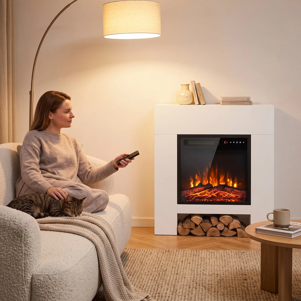 Elektrinis židinys su TV stovu ir 3D liepsnomis, baltas, 75 × 25 × 85 cm