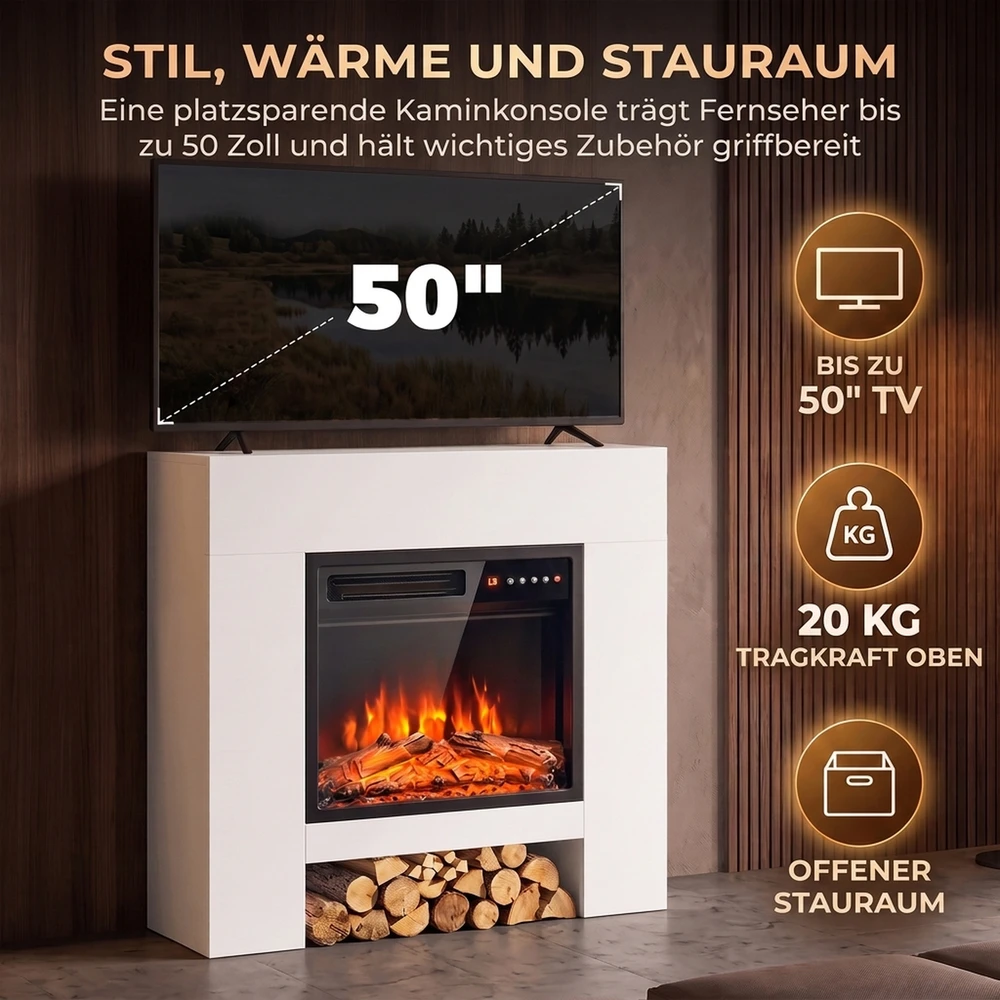 Elektrinis židinys su TV stovu ir 3D liepsnomis, baltas, 75 × 25 × 85 cm