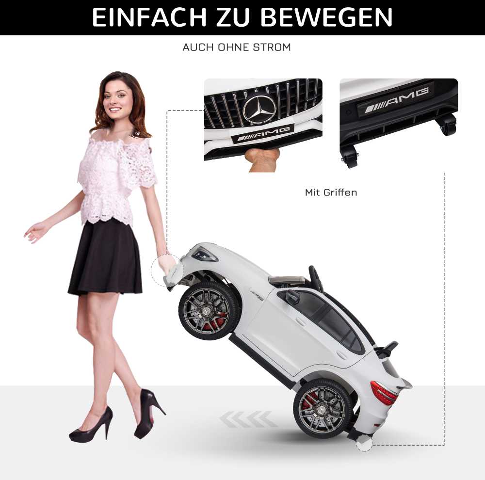 Homcom Mercedes-Benz AMG GLA45 licencijuotas vaikiškas elektrinis automobilis su nuotolinio valdymo pulteliu, MP3, saugos diržais, 37-60 mėn., baltos spalvos