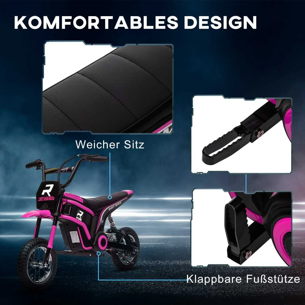 HOMCOM elektrinis motociklas vaikams, su 24V 350W varikliu, 8-16 KMH greičio režimu, 12 colių pripučiamomis padangomis, elektra varomas motociklas su muzika ir priekiniu žibintu, „Moto Cross“ vaikams nuo 8 iki 12 metų, rožinis