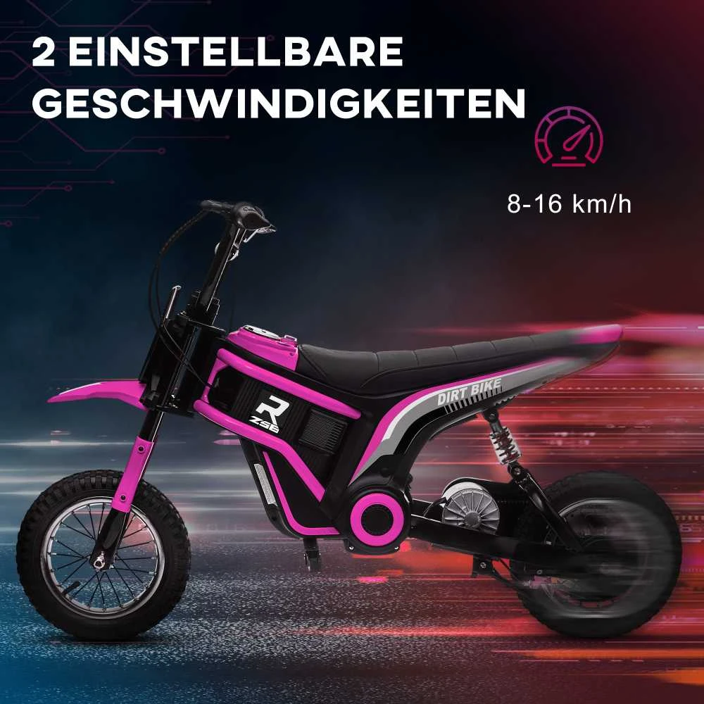 HOMCOM elektrinis motociklas vaikams, su 24V 350W varikliu, 8-16 KMH greičio režimu, 12 colių pripučiamomis padangomis, elektra varomas motociklas su muzika ir priekiniu žibintu, „Moto Cross“ vaikams nuo 8 iki 12 metų, rožinis