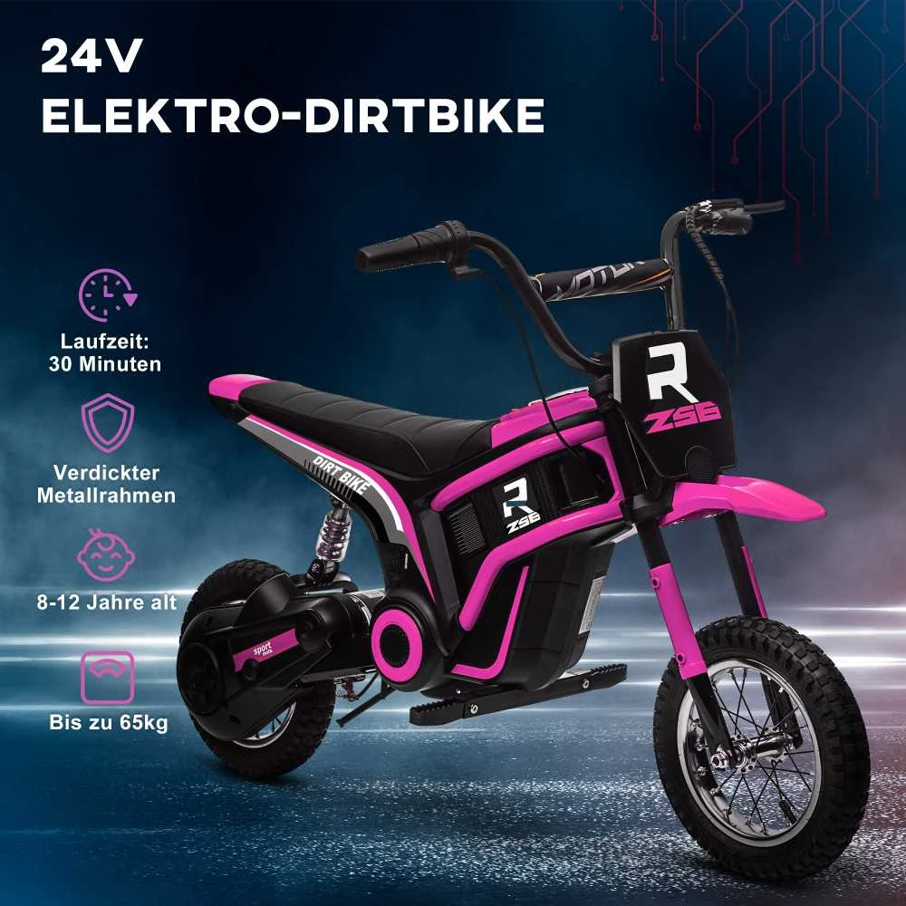 HOMCOM elektrinis motociklas vaikams, su 24V 350W varikliu, 8-16 KMH greičio režimu, 12 colių pripučiamomis padangomis, elektra varomas motociklas su muzika ir priekiniu žibintu, „Moto Cross“ vaikams nuo 8 iki 12 metų, rožinis