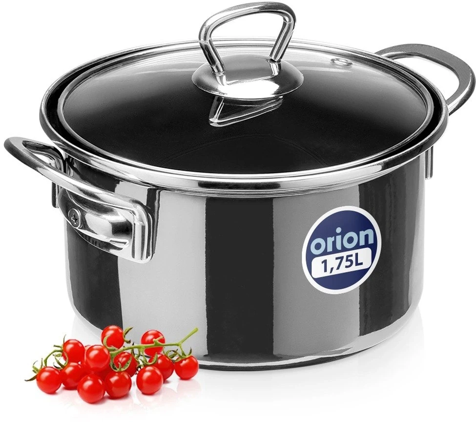 Emaliuotas puodas su stikliniu dangčiu, juodas, 18 cm, 1,75 l