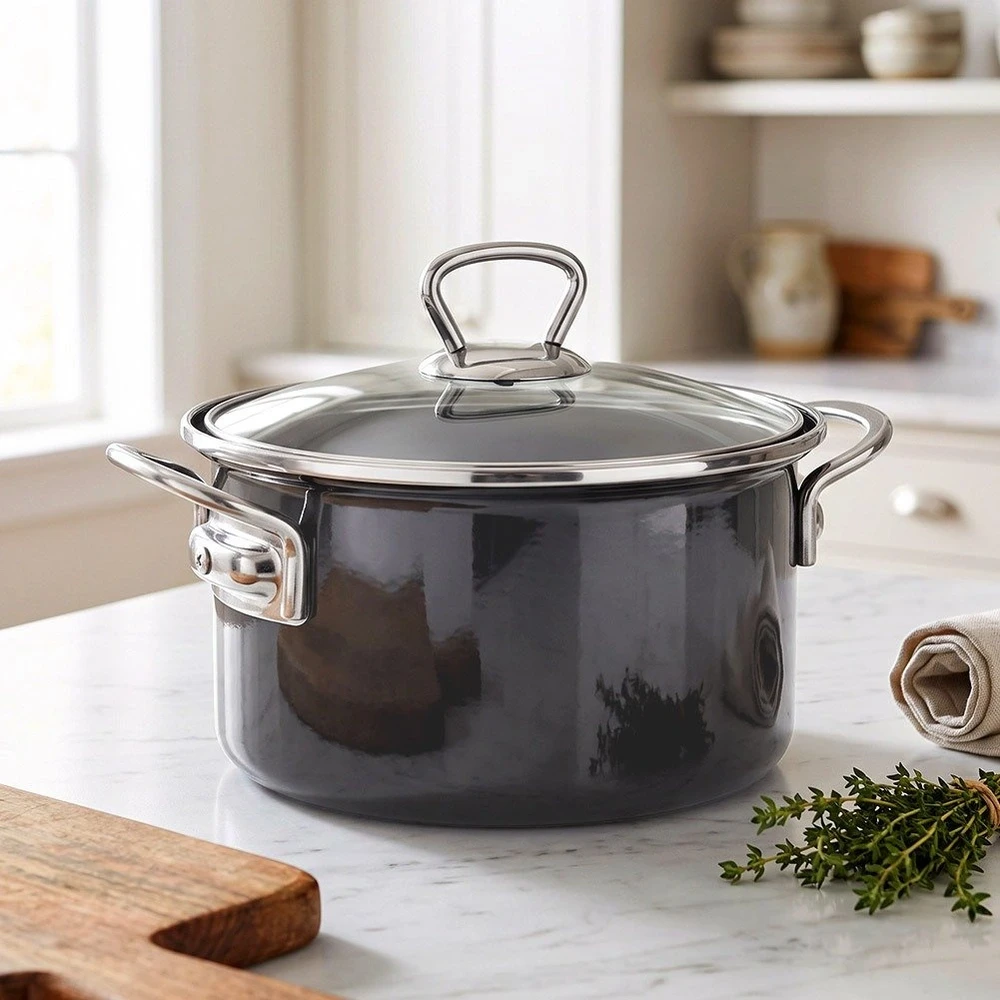 Emaliuotas puodas su stikliniu dangčiu, juodas, 18 cm, 1,75 l