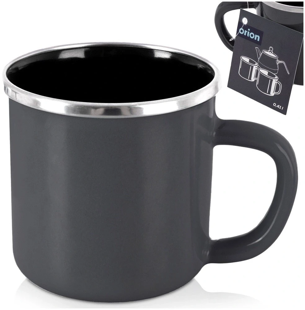 Emaliuotas puodelis su rankenėle, pilkas, 400 ml, 12 × 9 × 8,5 cm
