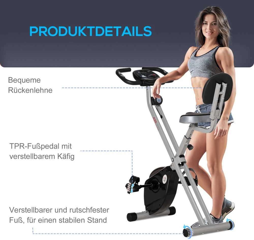 HOMCOM F-Bike treniruoklis, dviračio treniruoklis su 8 lygių magnetiniu pasipriešinimu, reguliuojamo aukščio, plieno, juodos ir pilkos spalvos, 43x97x109 cm