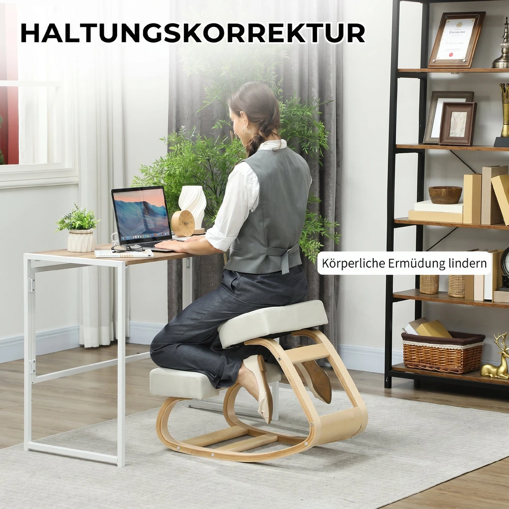 Ergonominė klūpomoji kėdė su reguliuojamu sėdynės aukščiu, kreminė balta, 51 × 69 × 58 cm