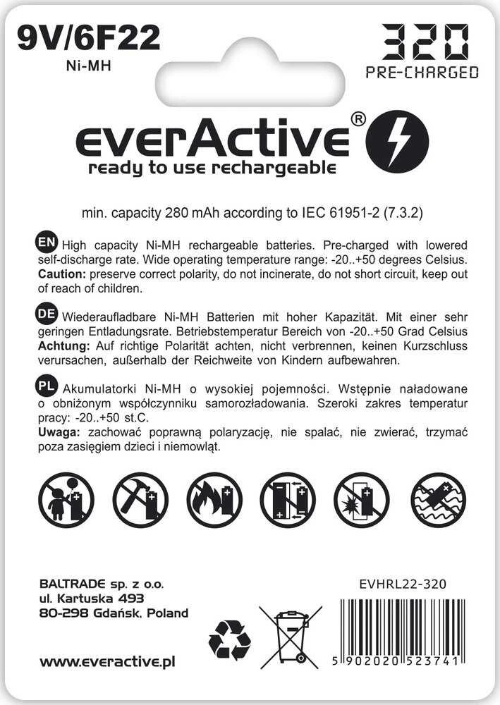everActive Professional paruoštas naudojimui 9V 320mAh akumuliatorius, 1 vnt.