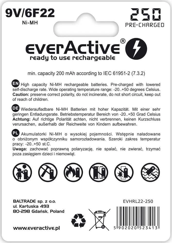 everActive Sidabrinis linija paruošta naudojimui 9V 250mAh akumuliatorius, 1 vnt.