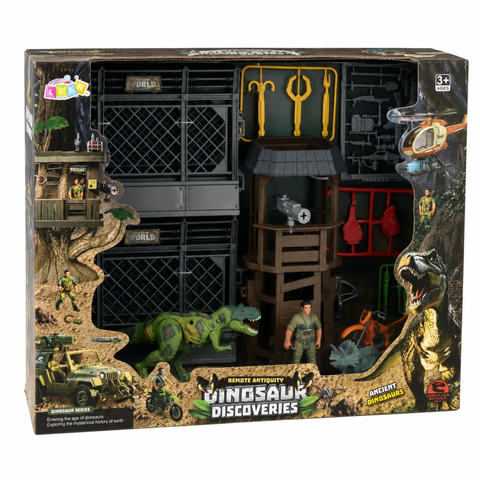 Lean Toys Figūrėlių rinkinys su dinozaurų aptvaru ir stebėjimo bokštu, 50,5 × 40,5 × 15,5 cm