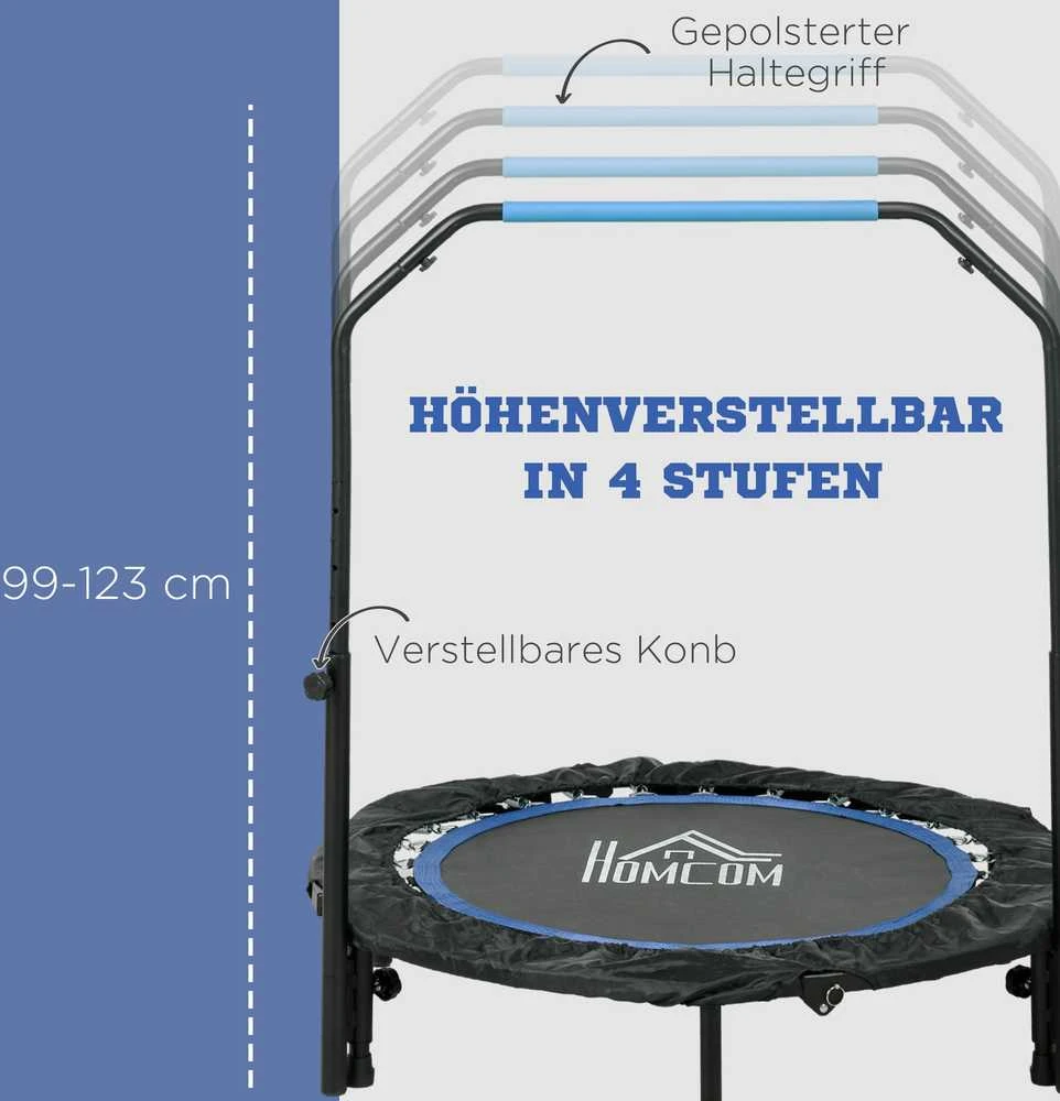 Homcom SPORTNOW 102 cm fitneso batutas, sulankstomas mini batutas su 4 lygių reguliuojama rankena, LCD monitoriumi, fitneso rebounder suaugusiems, vaikams, iki 100 kg