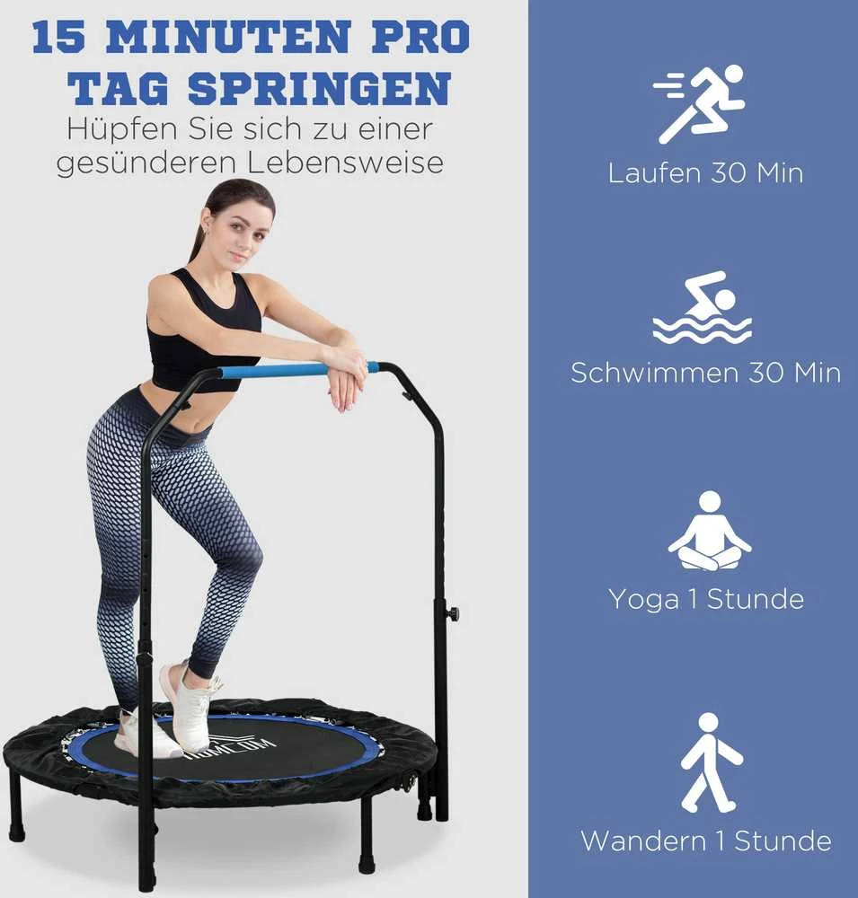 Homcom SPORTNOW 102 cm fitneso batutas, sulankstomas mini batutas su 4 lygių reguliuojama rankena, LCD monitoriumi, fitneso rebounder suaugusiems, vaikams, iki 100 kg