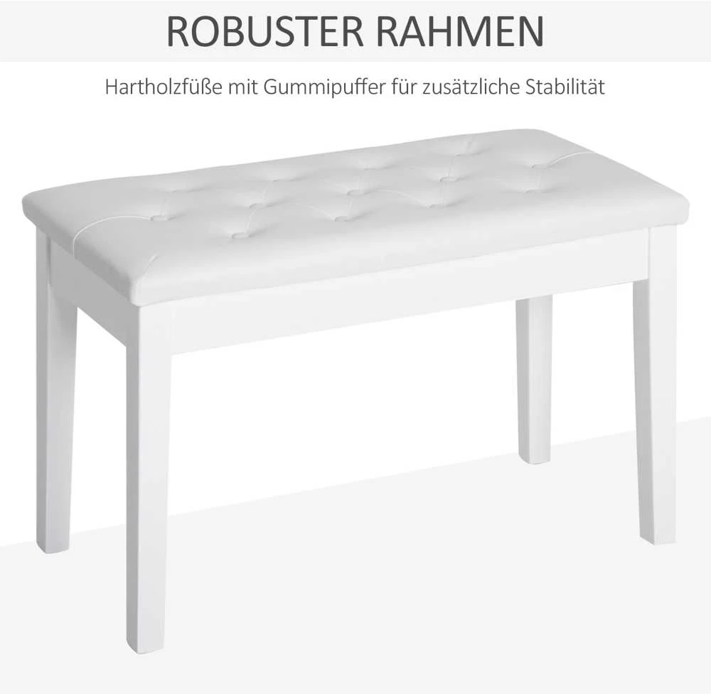 HOMCOM pianino kėdė, suoliukas pianinui, tradicinio kaimiško stiliaus kosmetinė kėdutė su daiktadėže, guminmedis, dirbtinė oda, balta, 76 x 36 x 50 cm