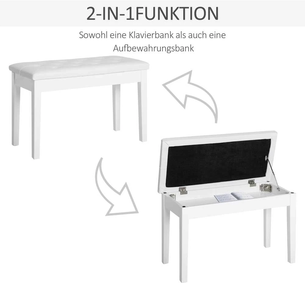 HOMCOM pianino kėdė, suoliukas pianinui, tradicinio kaimiško stiliaus kosmetinė kėdutė su daiktadėže, guminmedis, dirbtinė oda, balta, 76 x 36 x 50 cm