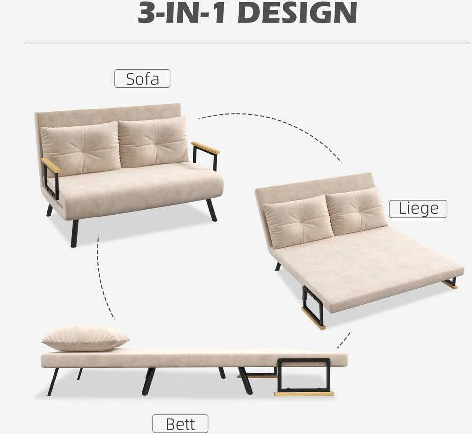 HOMCOM išskleidžiama sofa, poilsio fotelis su lovos funkcija, sulankstoma sofa su aksomo efektu, nugaros pagalvėlė, paminkštinta sofa su reguliuojamu atlošu, smėlio spalvos, 102 x 73 x 81 cm