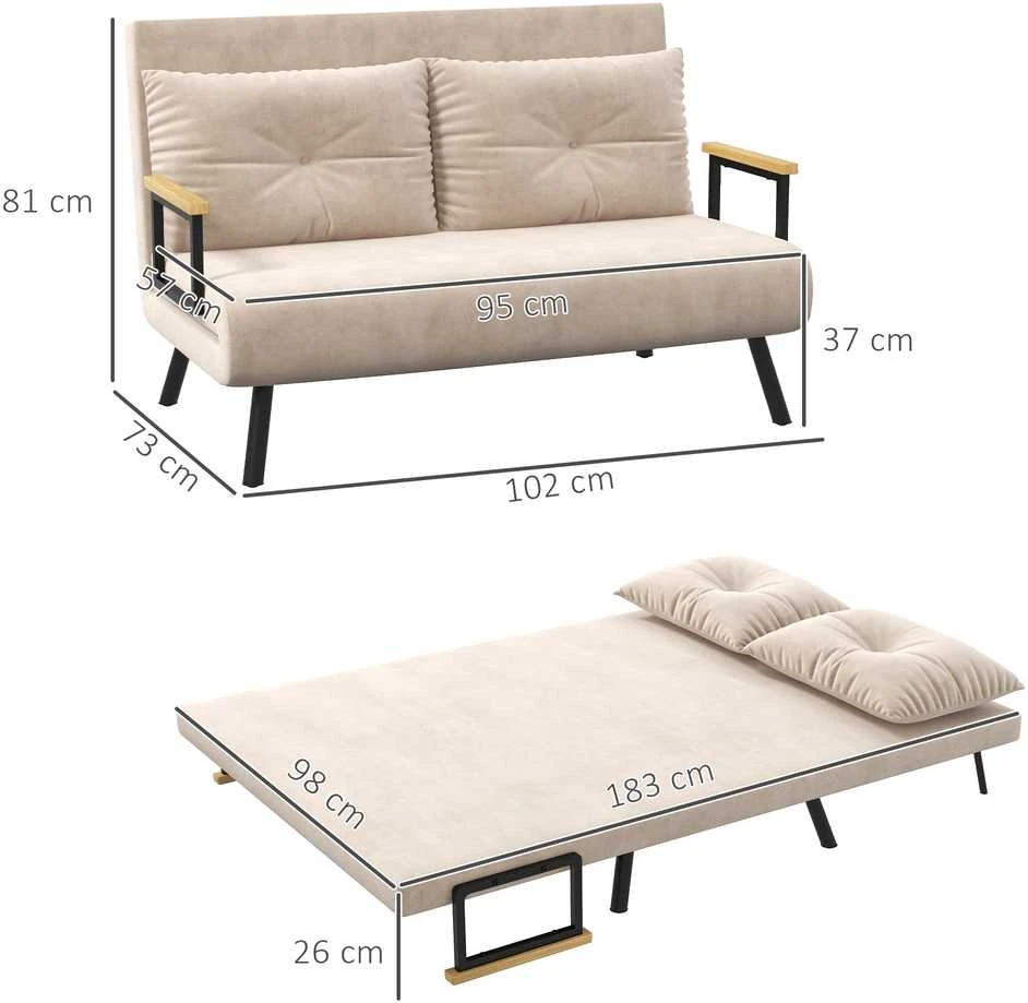HOMCOM išskleidžiama sofa, poilsio fotelis su lovos funkcija, sulankstoma sofa su aksomo efektu, nugaros pagalvėlė, paminkštinta sofa su reguliuojamu atlošu, smėlio spalvos, 102 x 73 x 81 cm