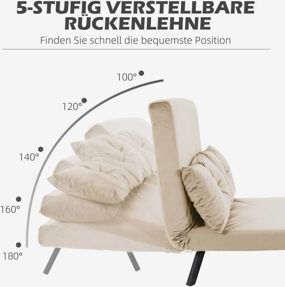 HOMCOM išskleidžiama sofa, poilsio fotelis su lovos funkcija, sulankstoma sofa su aksomo efektu, nugaros pagalvėlė, paminkštinta sofa su reguliuojamu atlošu, smėlio spalvos, 102 x 73 x 81 cm