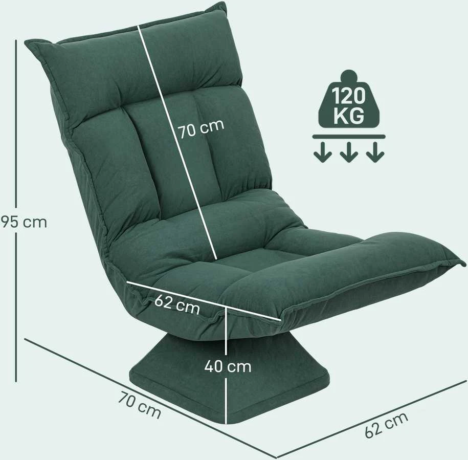 HOMCOM grindų kėdė 360° besisukanti, su 5 padėčių reguliuojamu atlošu, sulankstoma grindų sofa, meditacijos kėdė, paminkštinta „Lazy“ sofa svetainei, žaidimams ir skaitymui, žalia