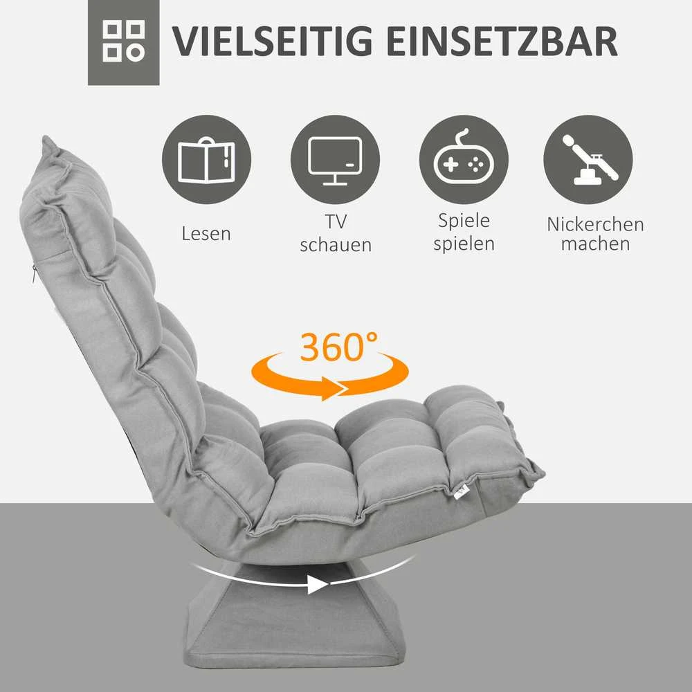 HOMCOM grindų kėdė, grindų sofa su reguliuojamu atlošu, besisukanti meditacijos kėdė su pagrindu, paminkštintas poilsio krėslas, tinginio sofa svetainei, biurui, šviesiai pilka