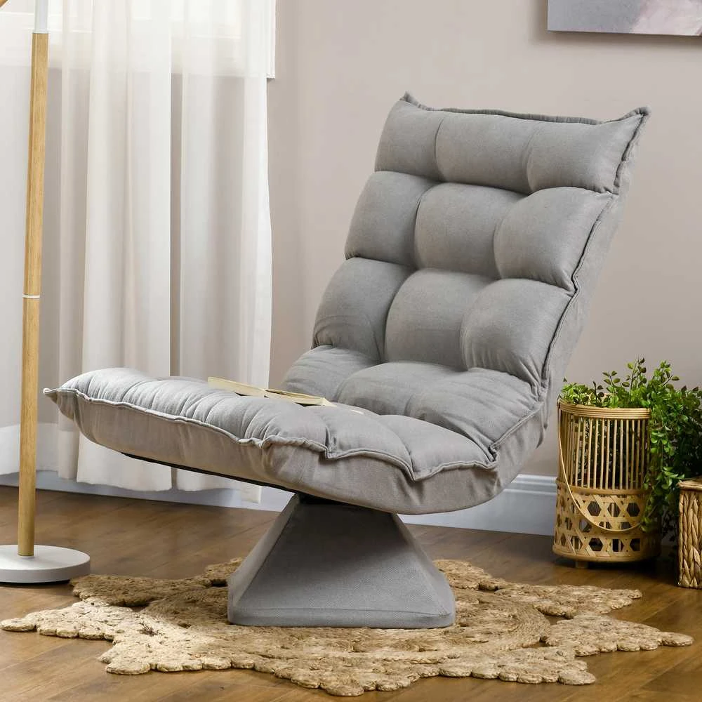HOMCOM grindų kėdė, grindų sofa su reguliuojamu atlošu, besisukanti meditacijos kėdė su pagrindu, paminkštintas poilsio krėslas, tinginio sofa svetainei, biurui, šviesiai pilka