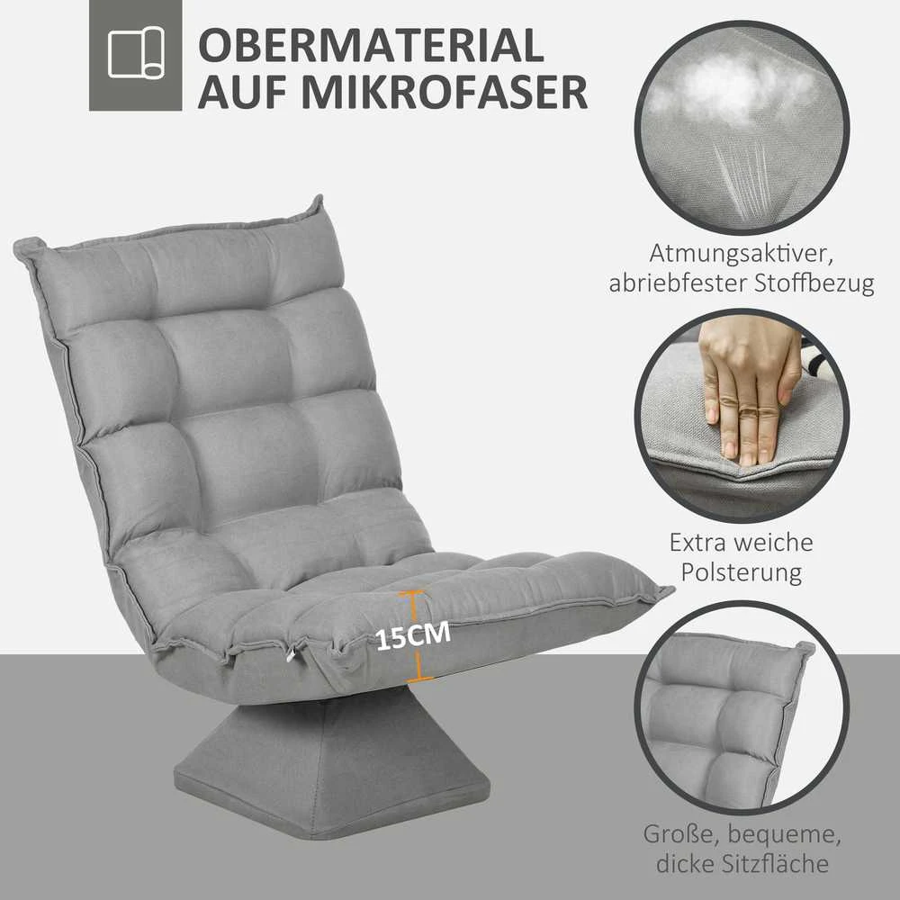 HOMCOM grindų kėdė, grindų sofa su reguliuojamu atlošu, besisukanti meditacijos kėdė su pagrindu, paminkštintas poilsio krėslas, tinginio sofa svetainei, biurui, šviesiai pilka